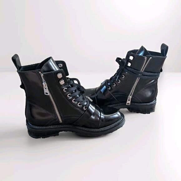 All Saints Donita Womens Boots Black Leather NWOT EU 36/US 6 Combat Patent - Picture 2 of 10